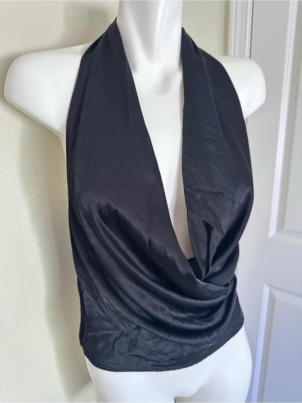 Zara Black Satin Halter Drape Top